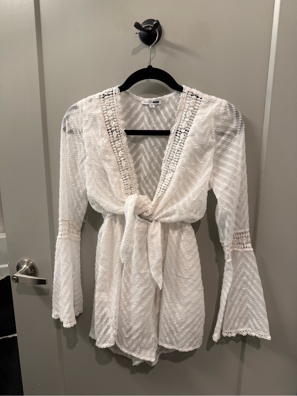 White Textured Tie-Front Romper